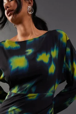 Printed Chiffon Slash Neck Batwing Column Maxi Dress