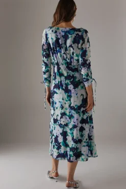 Printed Chiffon Slash Neck Drawstring Detail Midi Dress