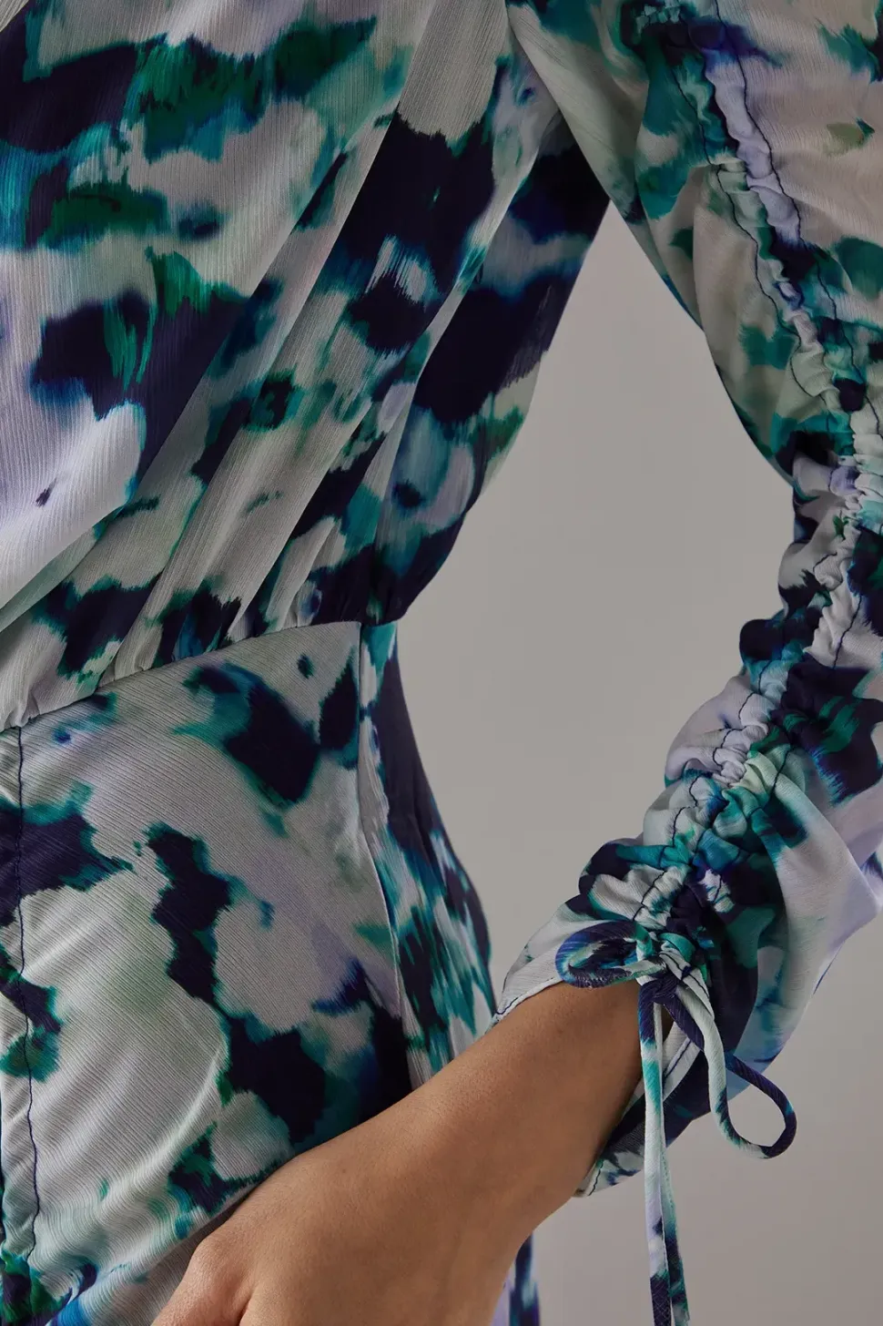 Printed Chiffon Slash Neck Drawstring Detail Midi Dress
