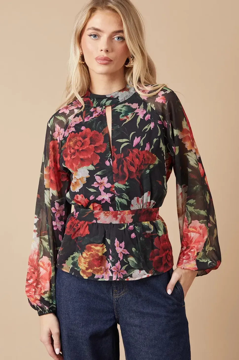 Printed Chiffon Tie Front Keyhole Blouse