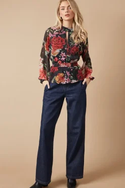 Printed Chiffon Tie Front Keyhole Blouse