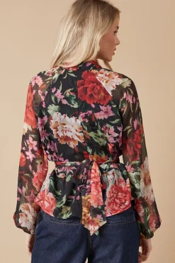 Printed Chiffon Tie Front Keyhole Blouse