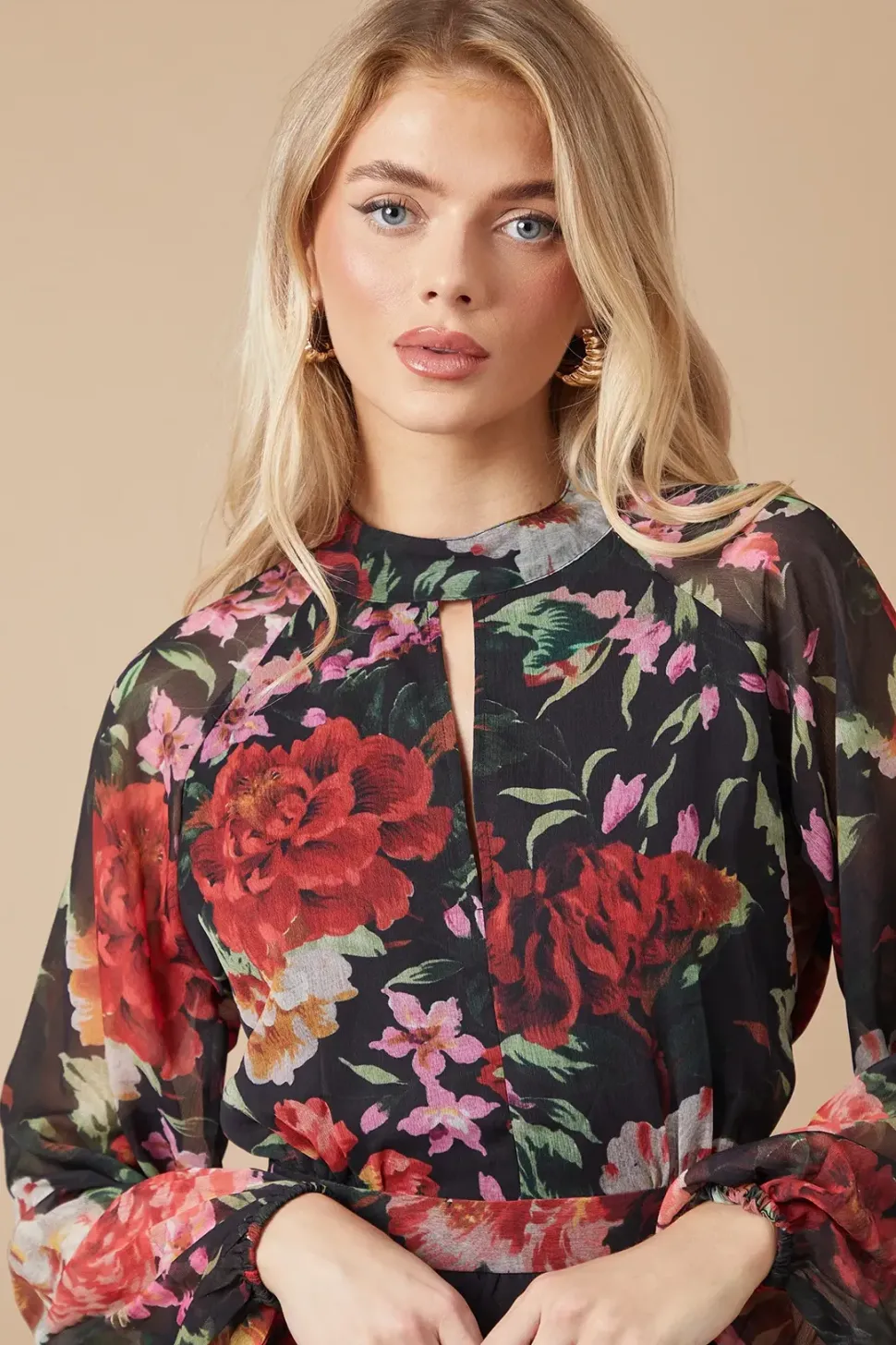 Printed Chiffon Tie Front Keyhole Blouse