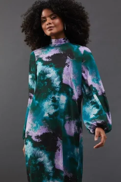 Printed Chiffon Tie Neck Balloon Sleeve Column Midi Dress