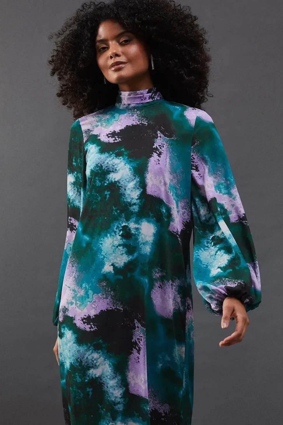 Printed Chiffon Tie Neck Balloon Sleeve Column Midi Dress