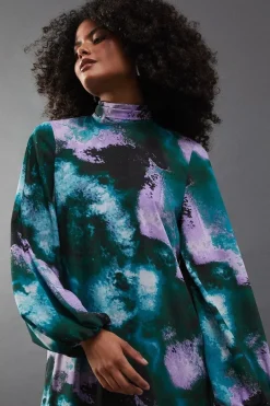 Printed Chiffon Tie Neck Balloon Sleeve Column Midi Dress