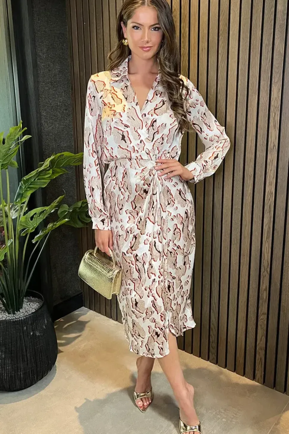 Printed Collared Neck Wrap Midi Dress