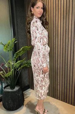 Printed Collared Neck Wrap Midi Dress
