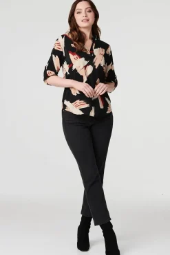 Printed Collarless V-Neck Blouse
