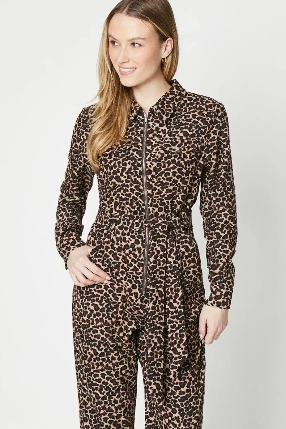 Printed Cord Zip Front Belted Boilersuit