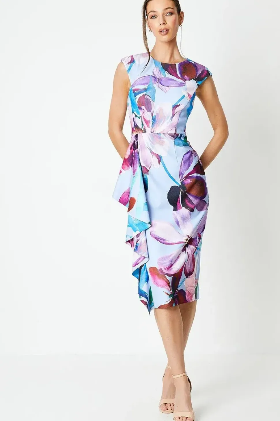 Printed Crepe Midi Dress With Side Ruffle Detail