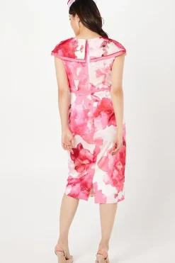 Printed Crepe Ruffle Detail Pencil Dress