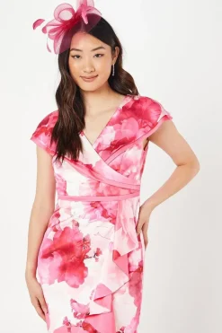 Printed Crepe Ruffle Detail Pencil Dress