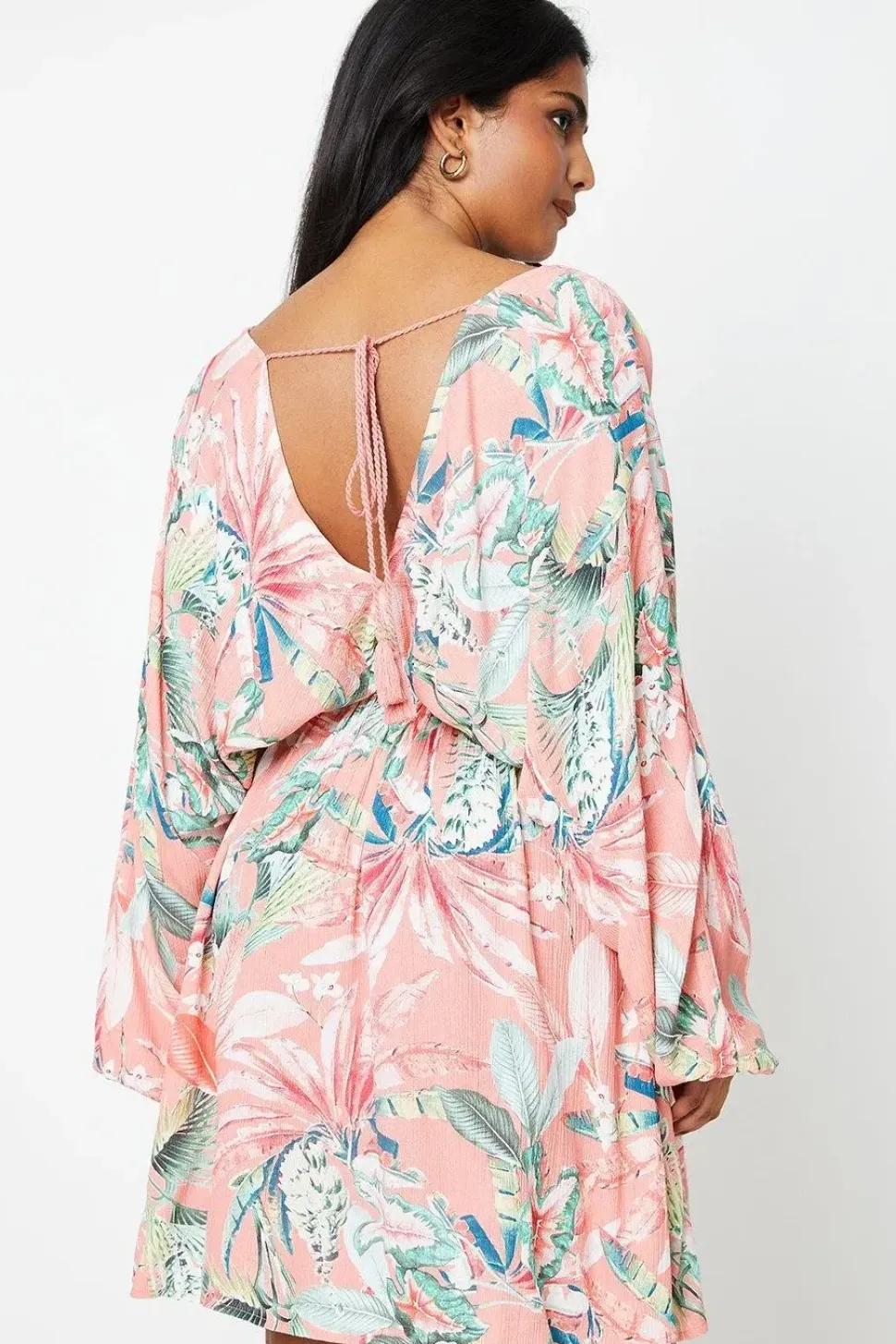Printed Crinkle Batwing Tassel Detail Mini Dress