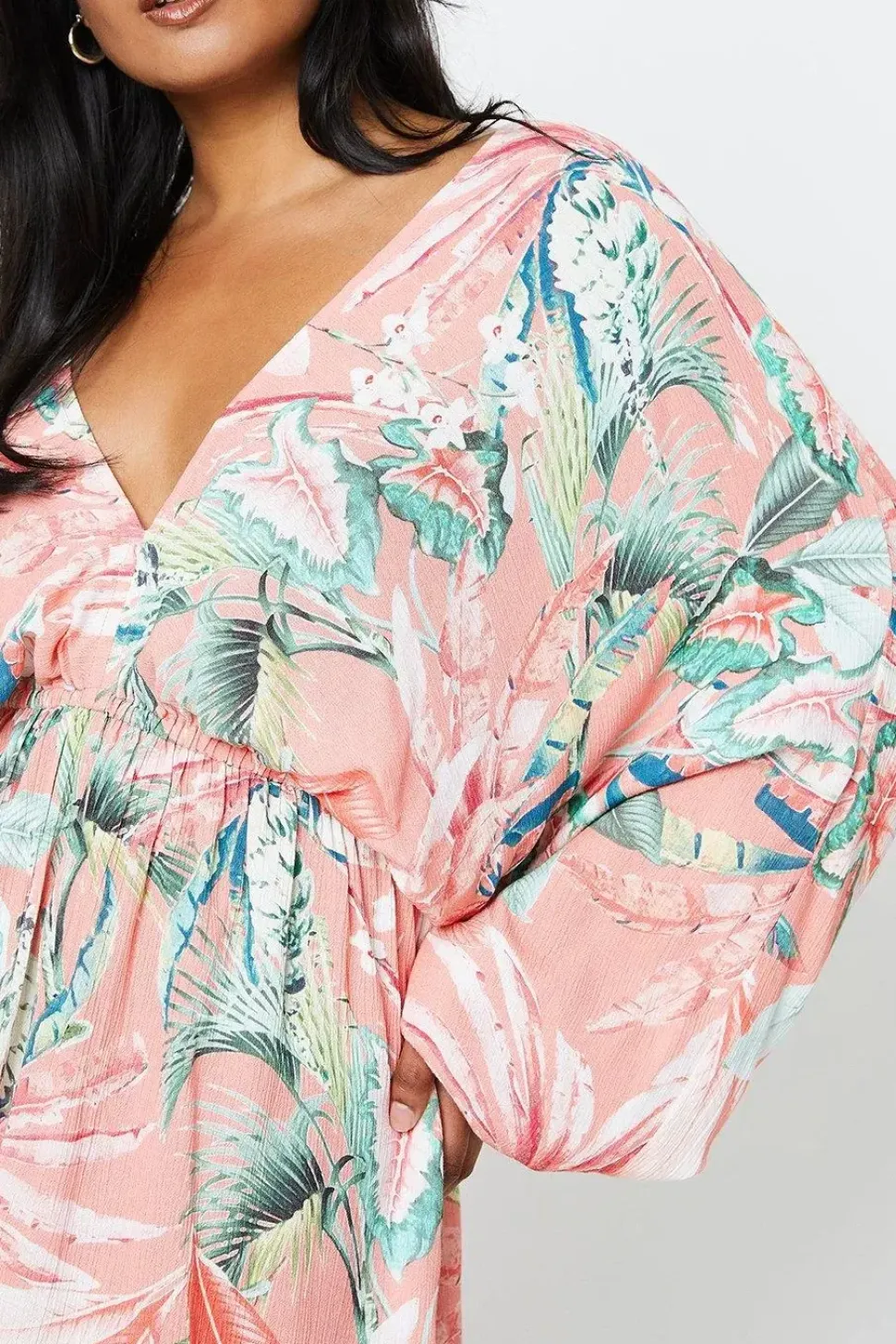 Printed Crinkle Batwing Tassel Detail Mini Dress