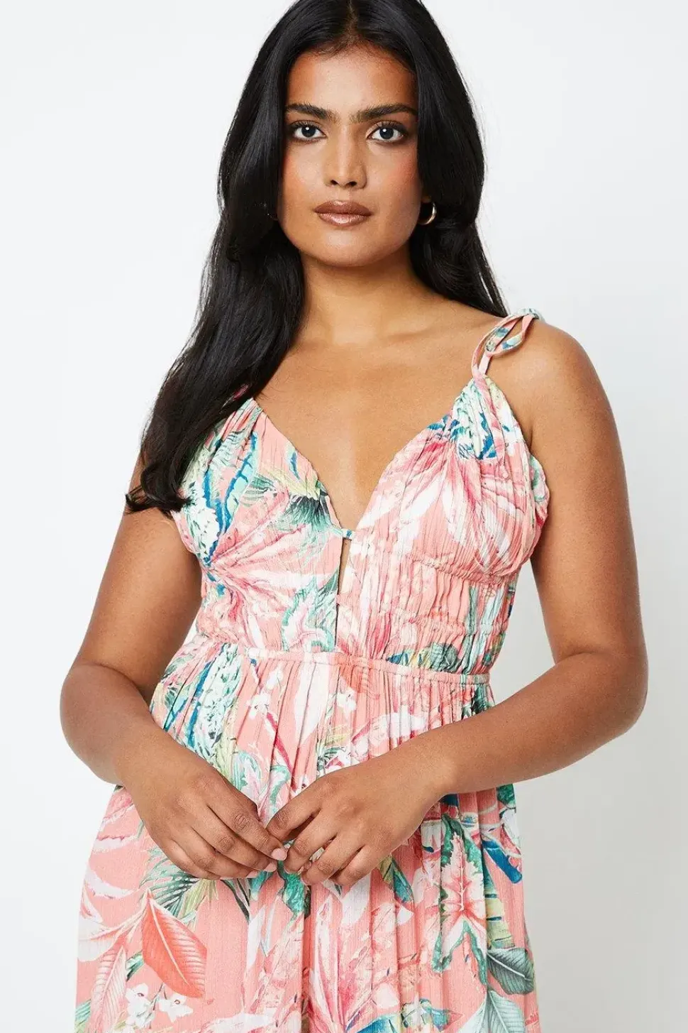 Printed Crinkle Channel Detail Strappy Jumpsuit