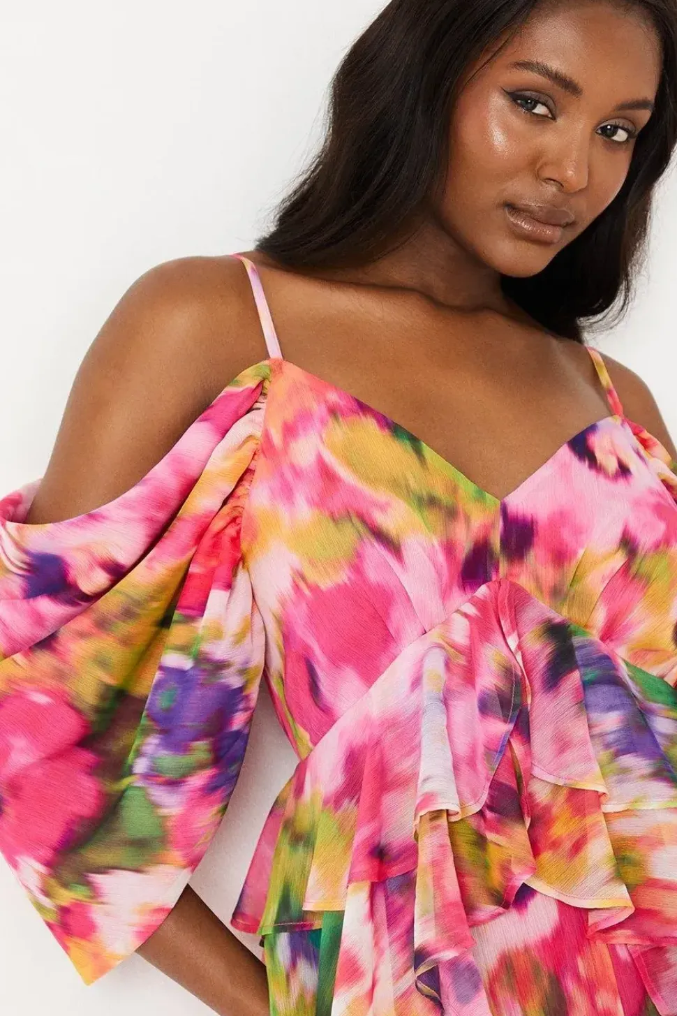 Printed Drape Shoulder Ruffle Jumpsuit