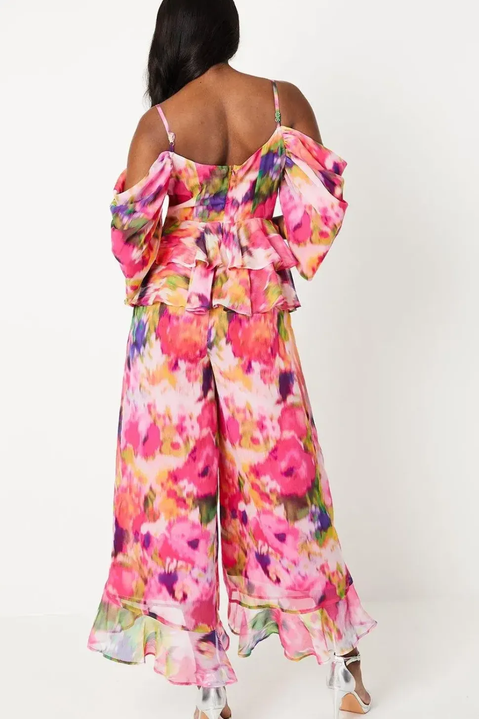 Printed Drape Shoulder Ruffle Jumpsuit