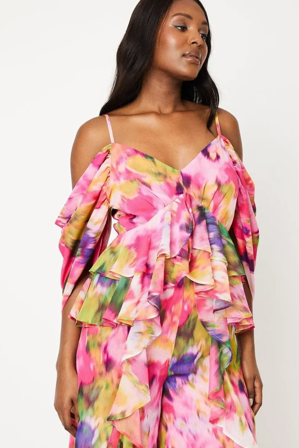 Printed Drape Shoulder Ruffle Jumpsuit