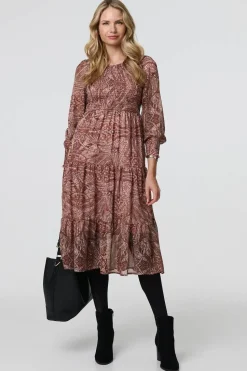 Printed Empire Tiered Midi Smock Dress
