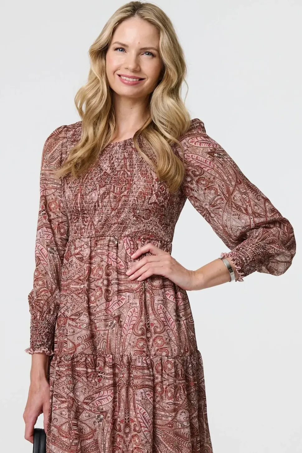 Printed Empire Tiered Midi Smock Dress