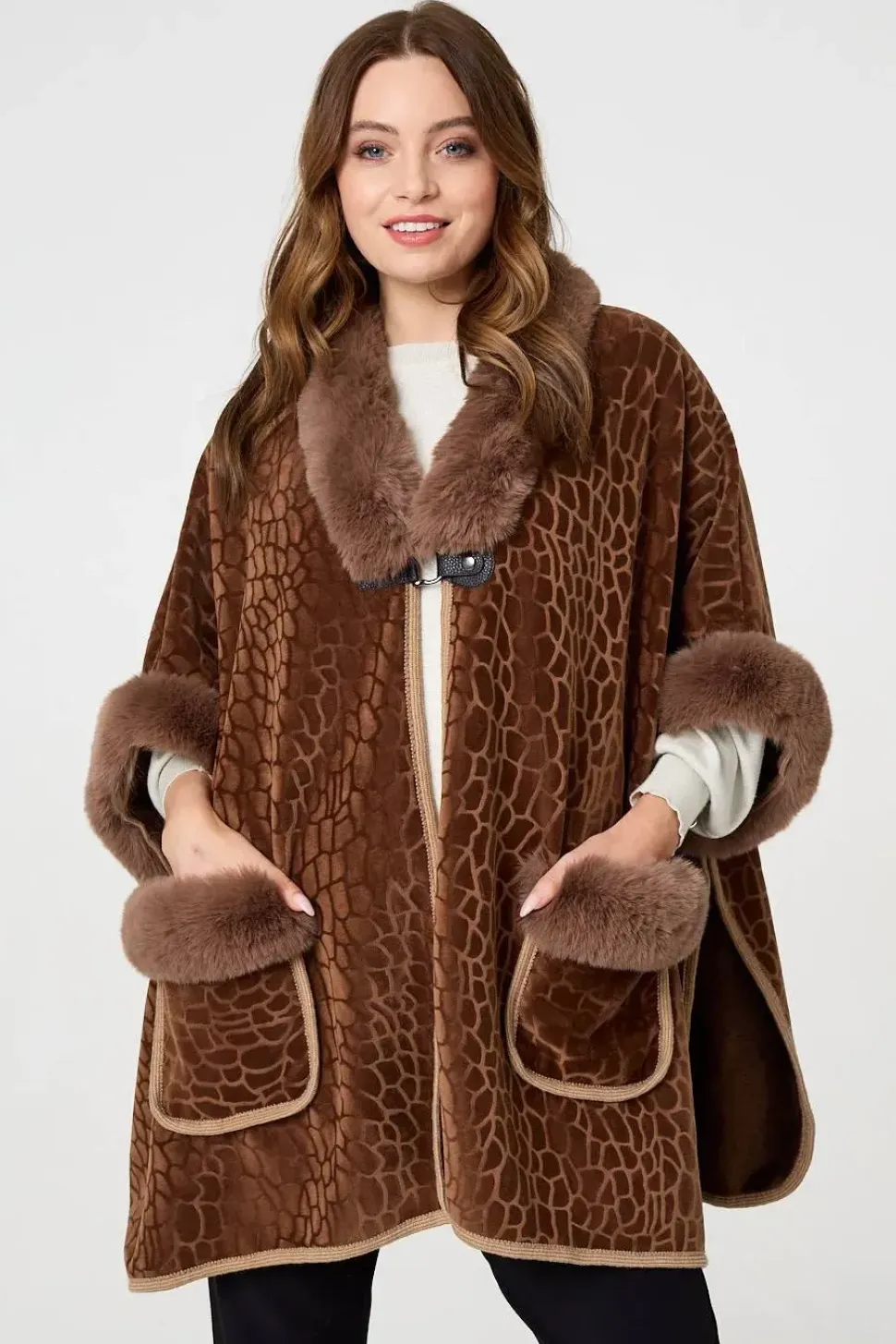 Printed Faux Fur Trim Cape Coat