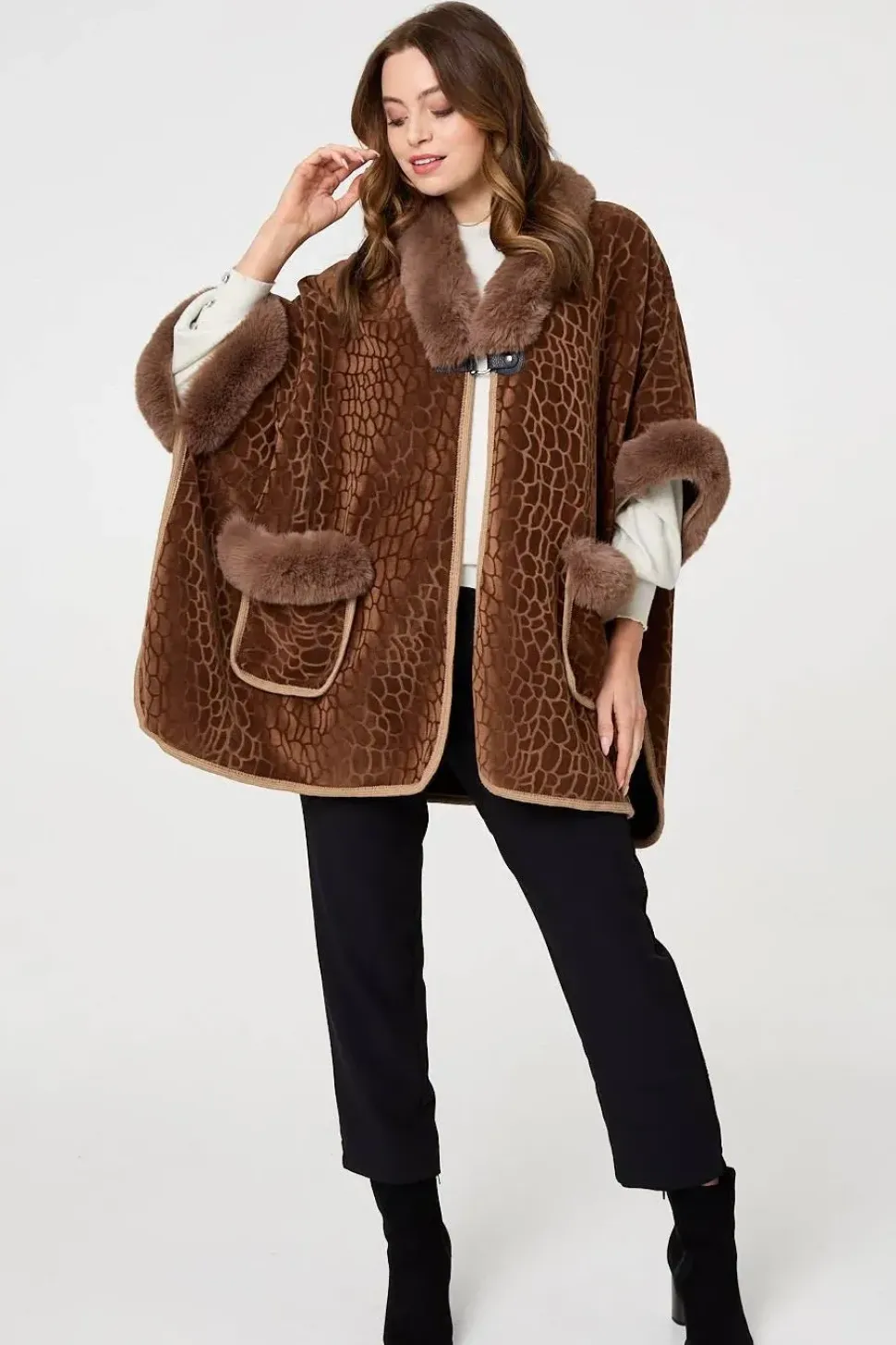 Printed Faux Fur Trim Cape Coat