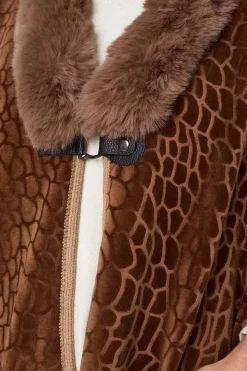 Printed Faux Fur Trim Cape Coat