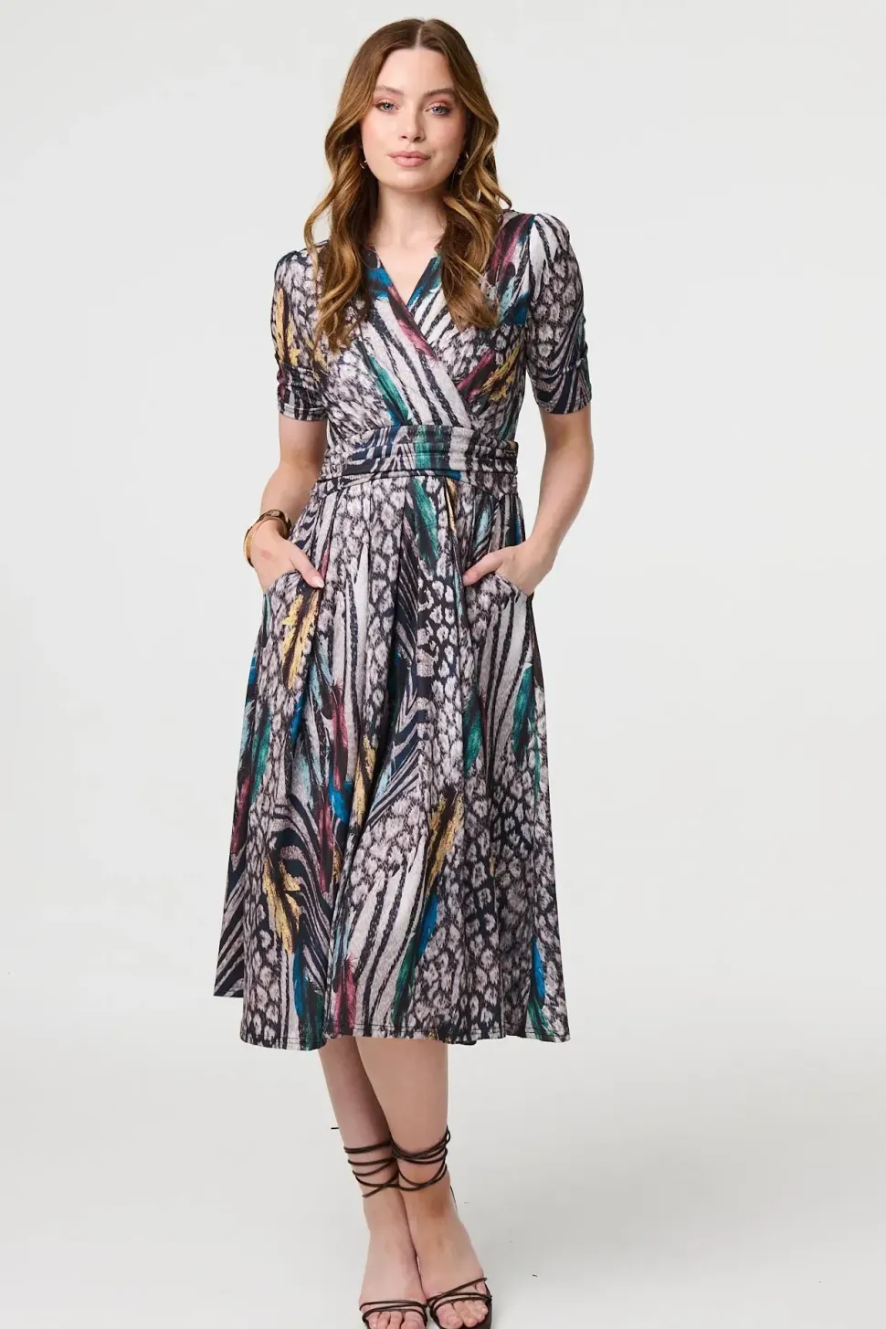 Printed Faux Wrap Front Jersey Midi Dress