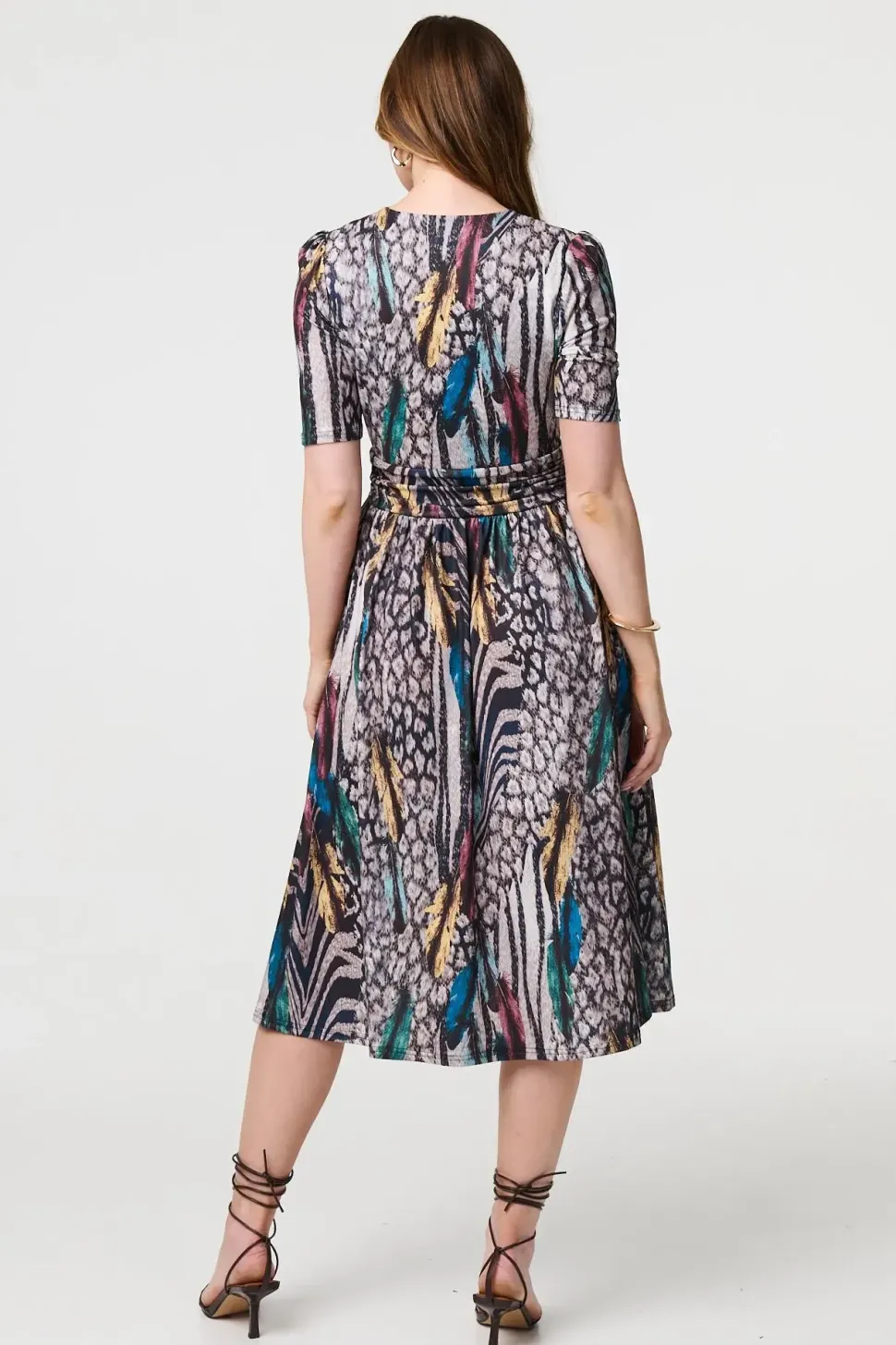 Printed Faux Wrap Front Jersey Midi Dress