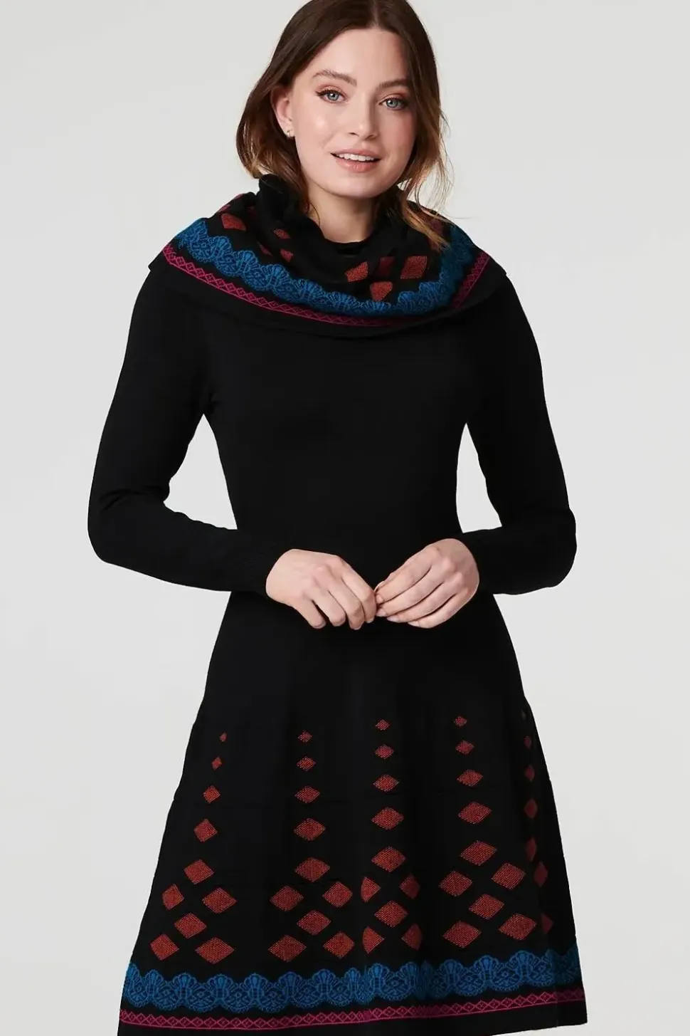 Printed Fit & Flare Dress with Scarf