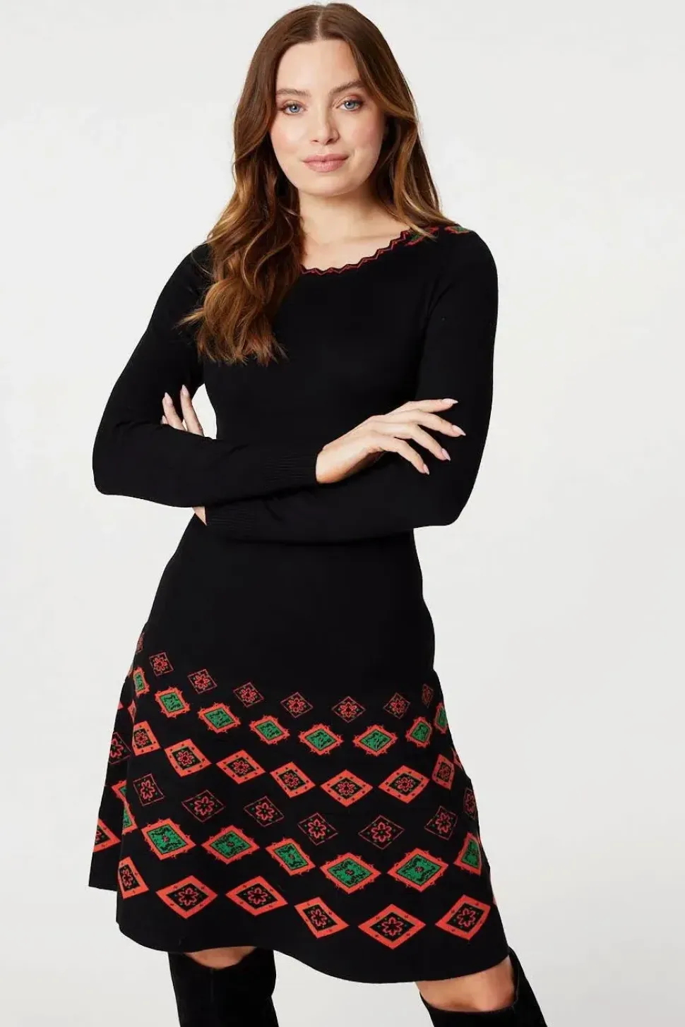 Printed Fit & Flare Knit Dress