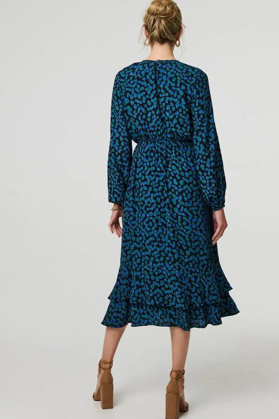 Printed Flare Sleeve Ruffled Midi Dress