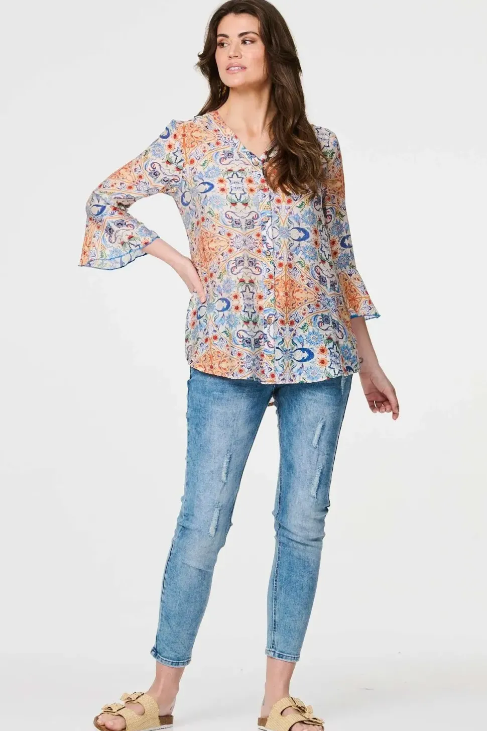 Printed 3/4 Flute Sleeve Blouse