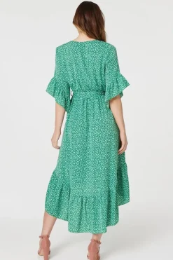 Printed Frilled Wrap Front Dress