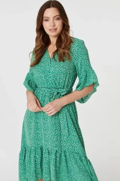 Printed Frilled Wrap Front Dress
