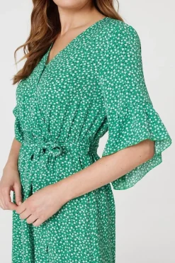 Printed Frilled Wrap Front Dress