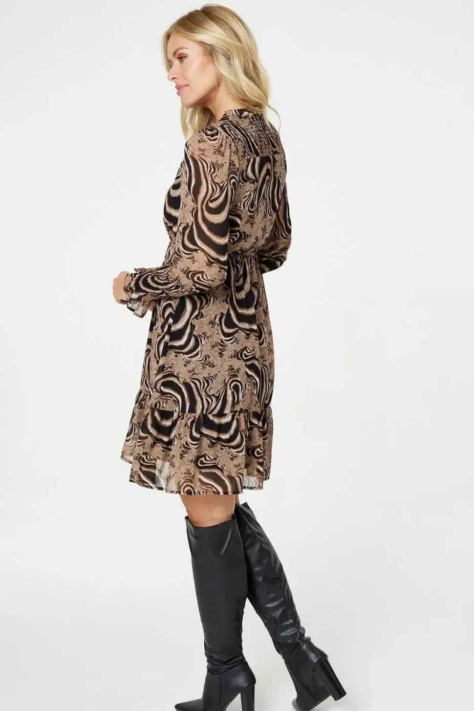 Printed Frill Neck Short Dress