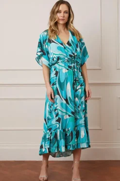Printed Glitter Stripe Ruffle Hem Midaxi Dress