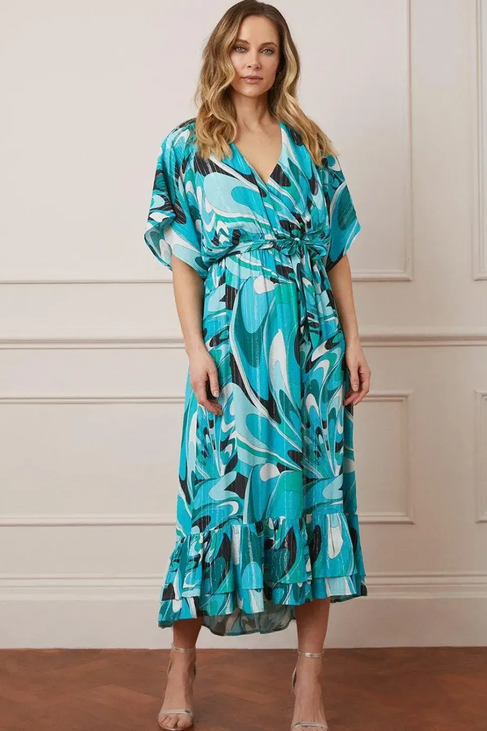Printed Glitter Stripe Ruffle Hem Midaxi Dress