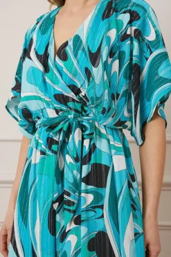 Printed Glitter Stripe Ruffle Hem Midaxi Dress