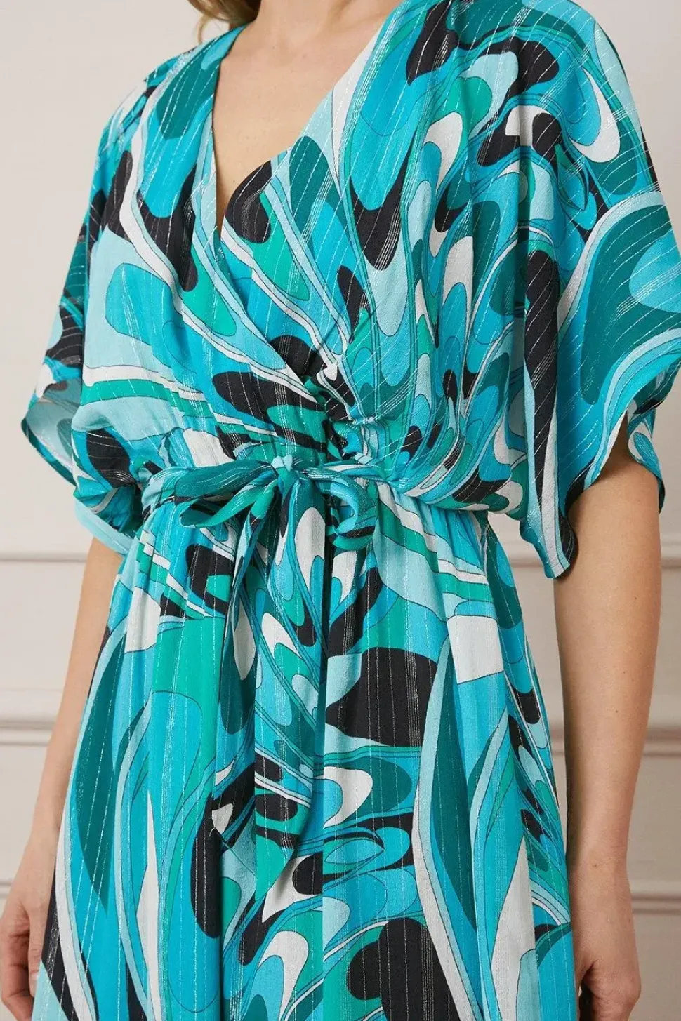 Printed Glitter Stripe Ruffle Hem Midaxi Dress