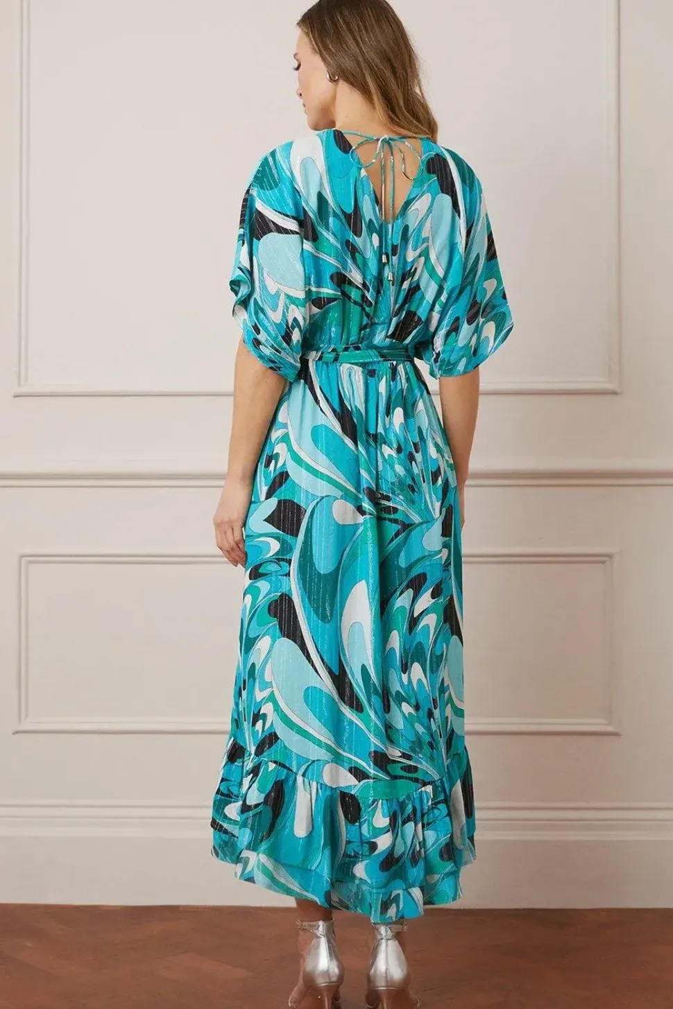 Printed Glitter Stripe Ruffle Hem Midaxi Dress