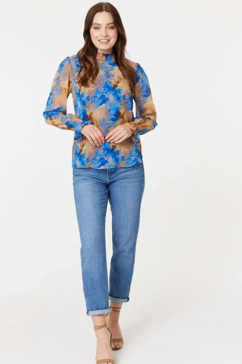 Printed High Neck Long Sleeve Blouse