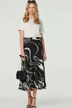 Printed High Waist A-Line Midi Skirt