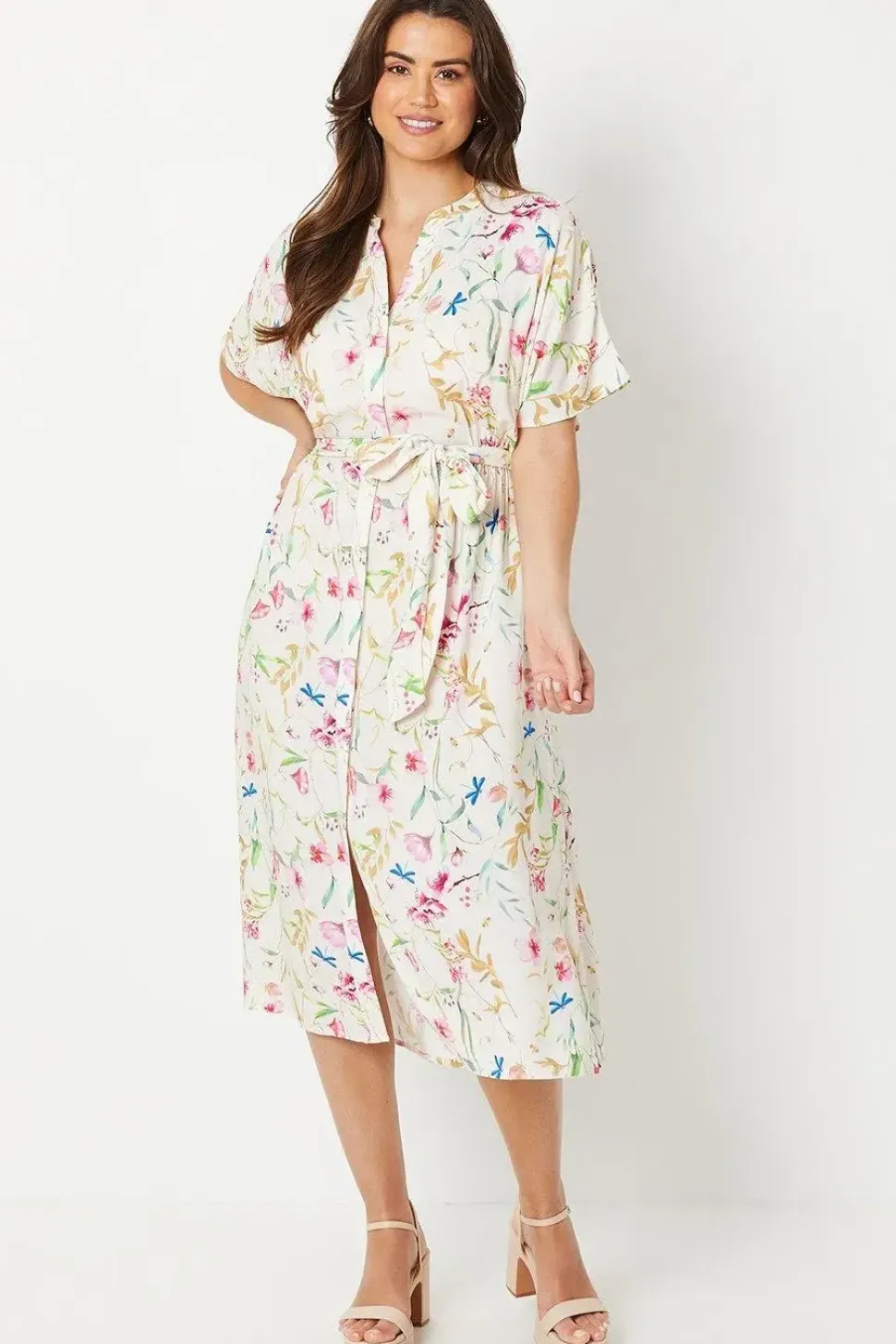 Printed Kimono Sleeve Belted Wrap Midi Dress