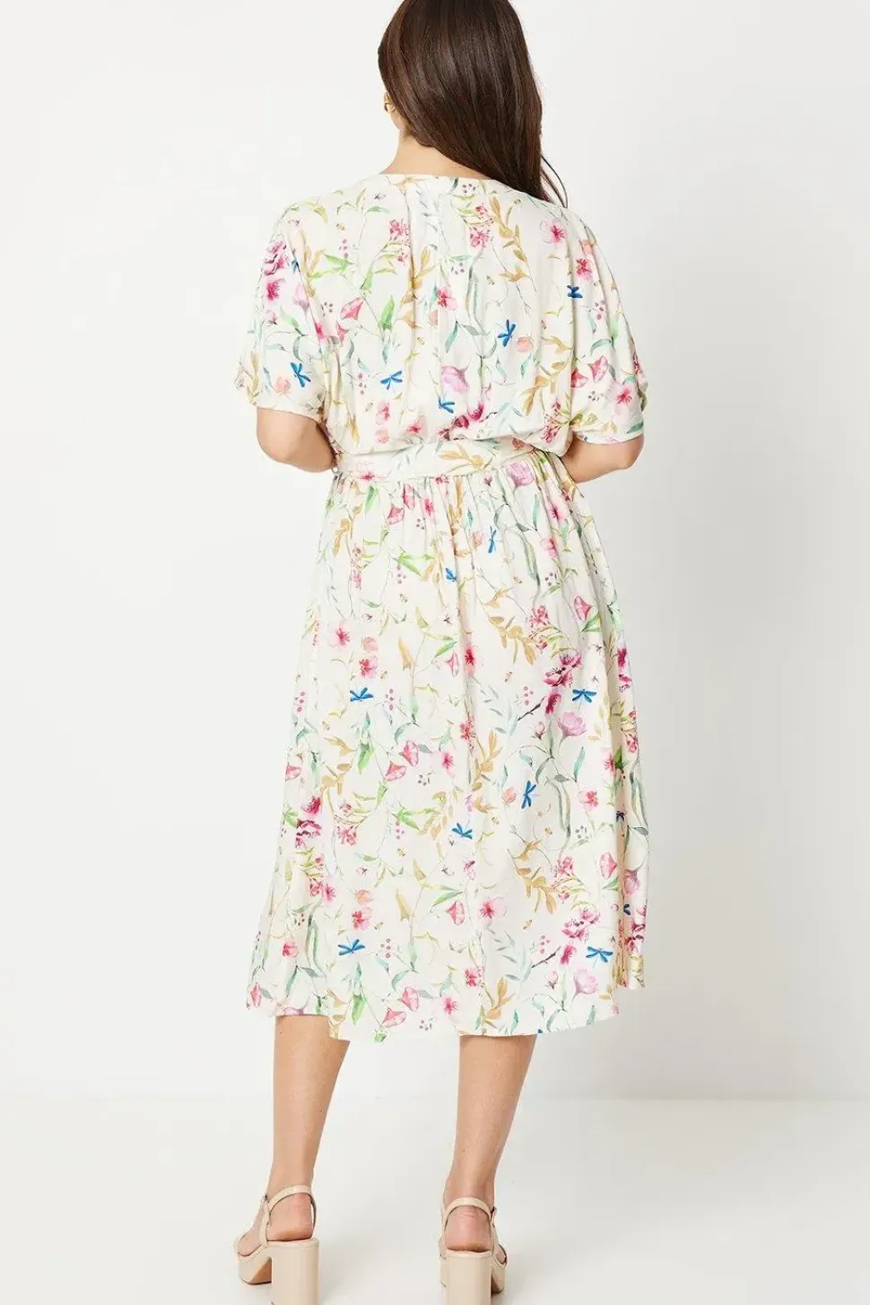 Printed Kimono Sleeve Belted Wrap Midi Dress