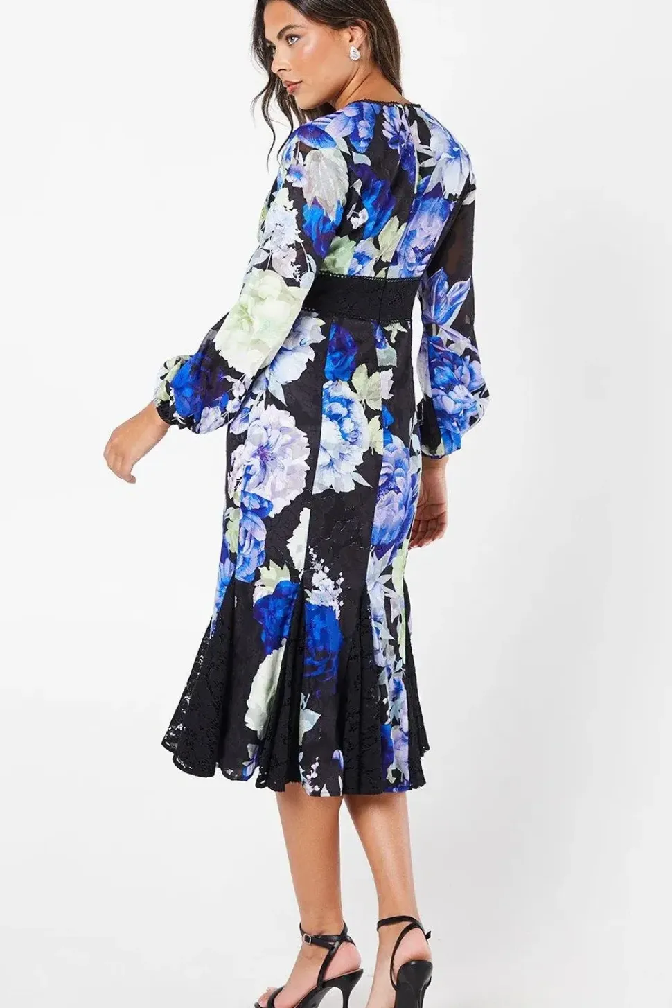 Printed Lace Long Sleeve Midi Wedding Guest Dress