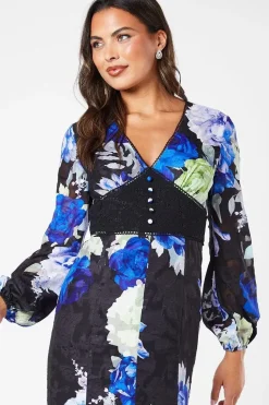 Printed Lace Long Sleeve Midi Wedding Guest Dress