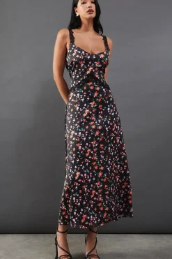 Printed Lace Panelling Satin Midi Dress